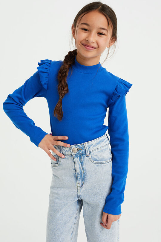 Meisjes geribd T-shirt met ruches, Kobaltblauw