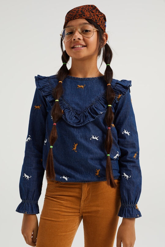 Meisjes denim blouse met volants en embroideries, Donkerblauw