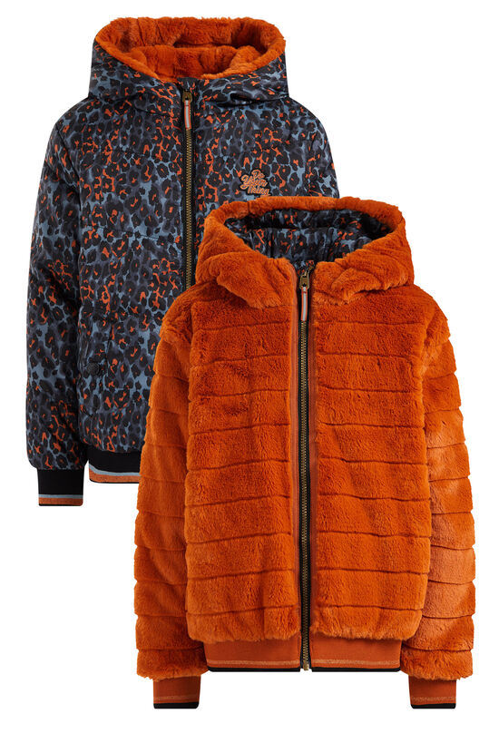 Meisjes reversible gewatteerde jas met dessin en imitatiebont, Oranje