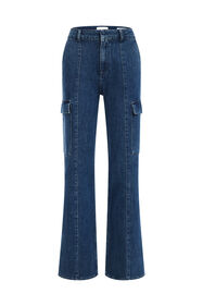 Dames high rise wide leg jeans met cargozakken, Donkerblauw