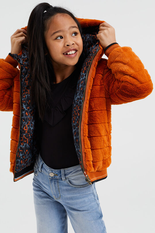 Meisjes reversible gewatteerde jas met dessin en imitatiebont, Oranje