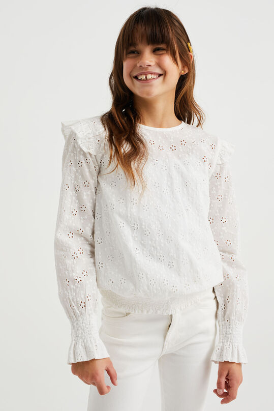 Meisjes blouse met broderie anglaise, Wit