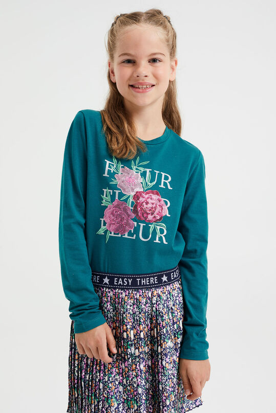 Meisjes T-shirt met glitteropdruk en pailletten applicatie, Groenblauw